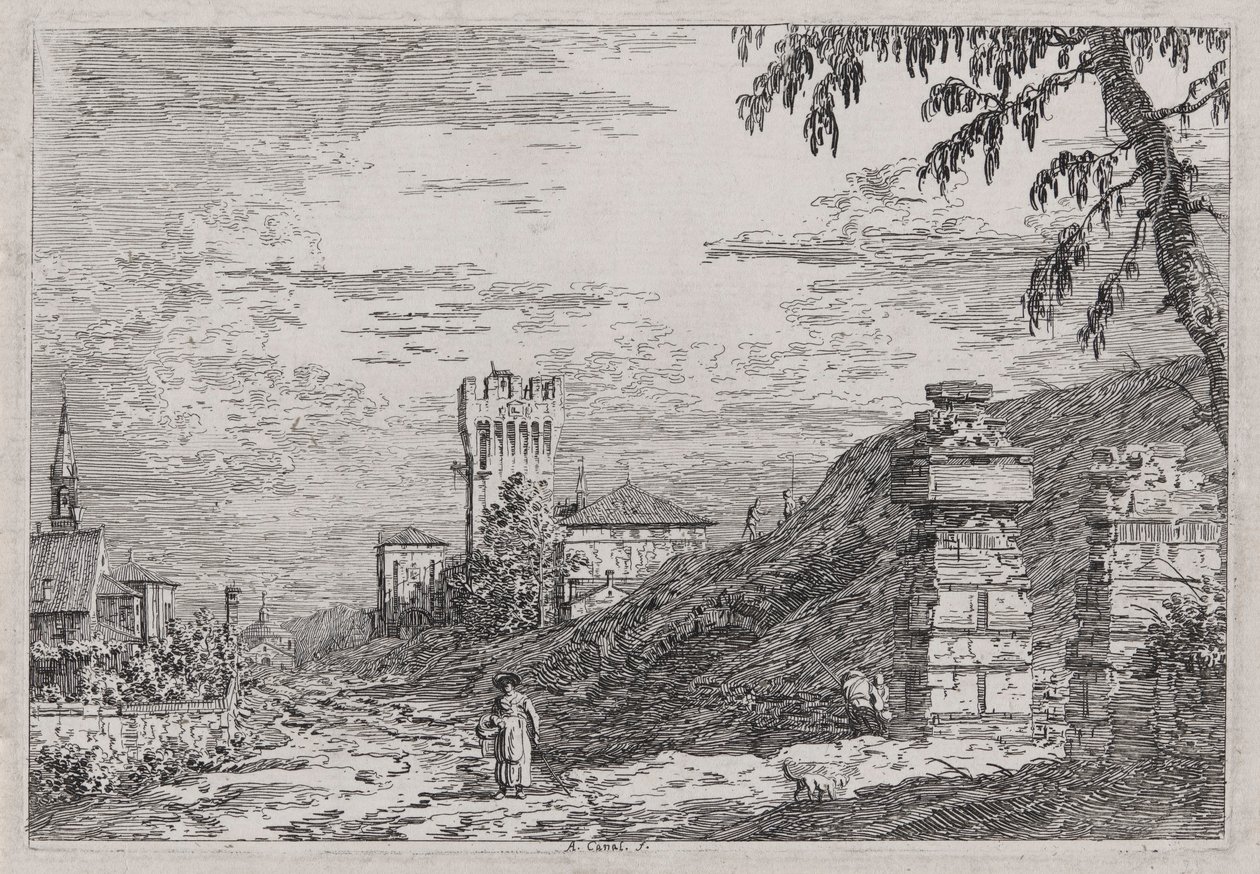 Kule ve İki Harap Sütunlu Manzara, Vedute (Görüntüler) serisinden by Canaletto (Giovanni Antonio Canal)