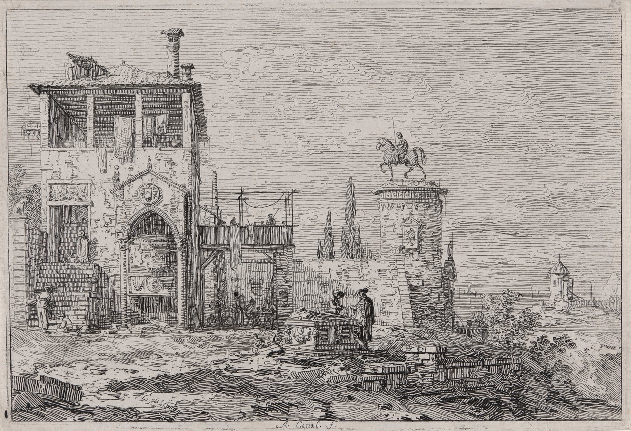 Vedute dizisinden Binicilik Anıtı (Görüntüler) by Canaletto (Giovanni Antonio Canal)