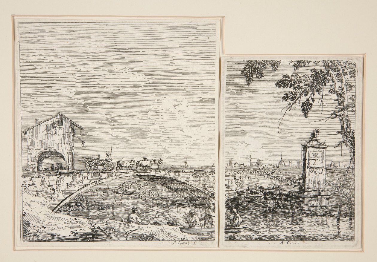 Köprüden Geçen Vagon [ve] Küçük Anıt (Bir Ağacın Altında), Vedute (Görüntüler) dizisinden by Canaletto (Giovanni Antonio Canal)