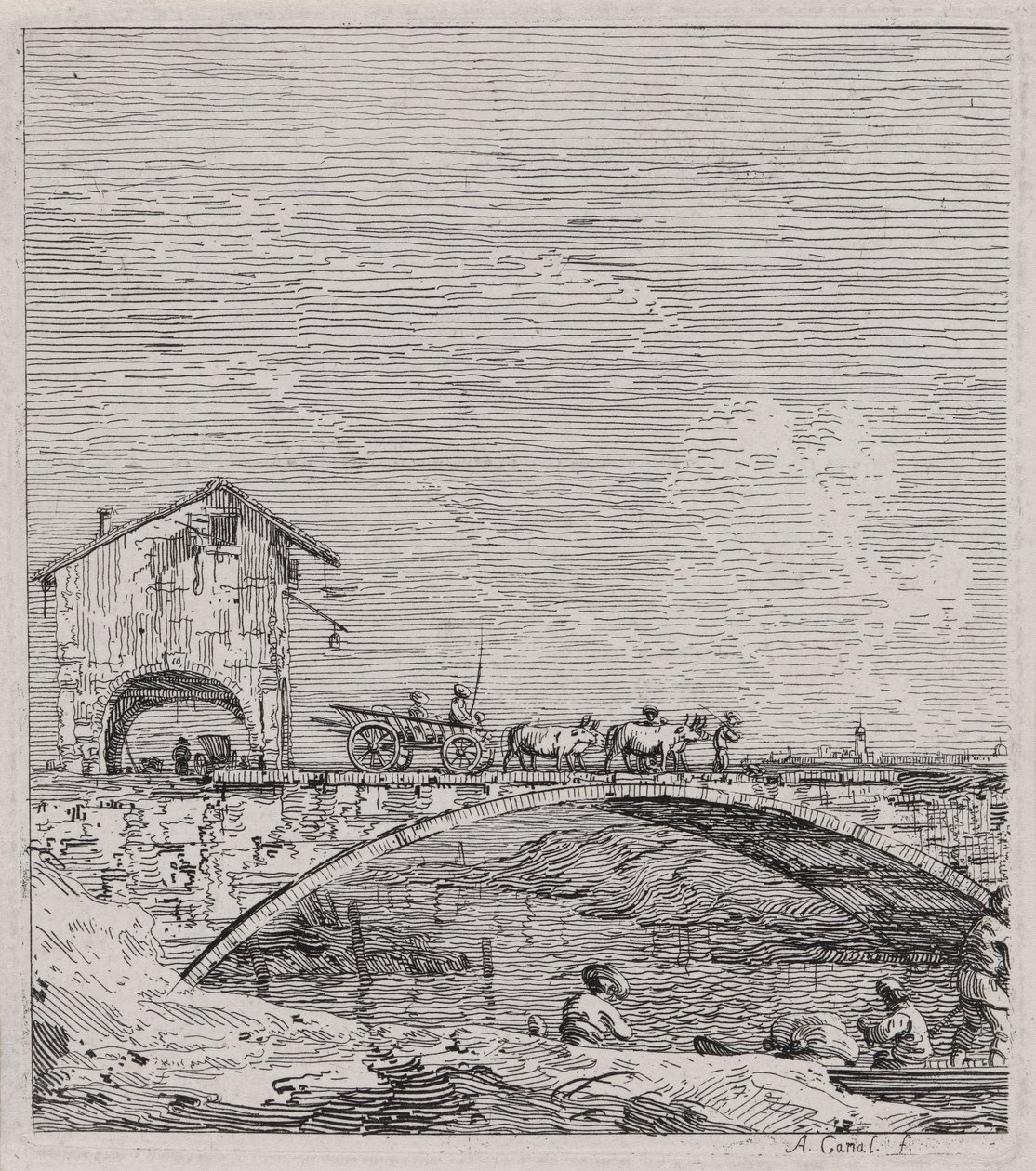 Vedute (Görüntüler) dizisinden Köprüden Geçen Vagon by Canaletto (Giovanni Antonio Canal)