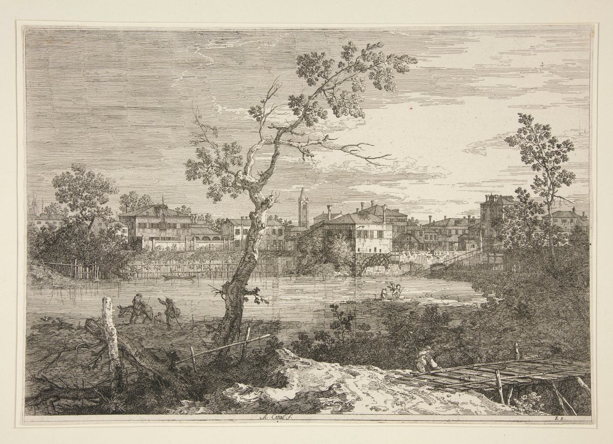 Vedute (Görüntüler) dizisinden Nehir Kıyısındaki Bir Kasabanın Görünümü by Canaletto (Giovanni Antonio Canal)