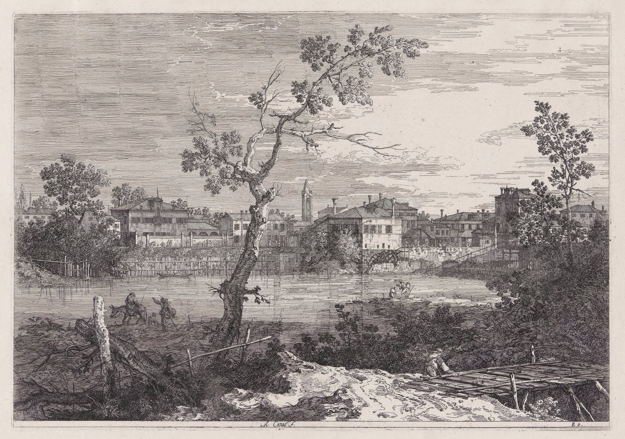 Vedute (Görüntüler) dizisinden Nehir Kıyısındaki Bir Kasabanın Görünümü by Canaletto (Giovanni Antonio Canal)