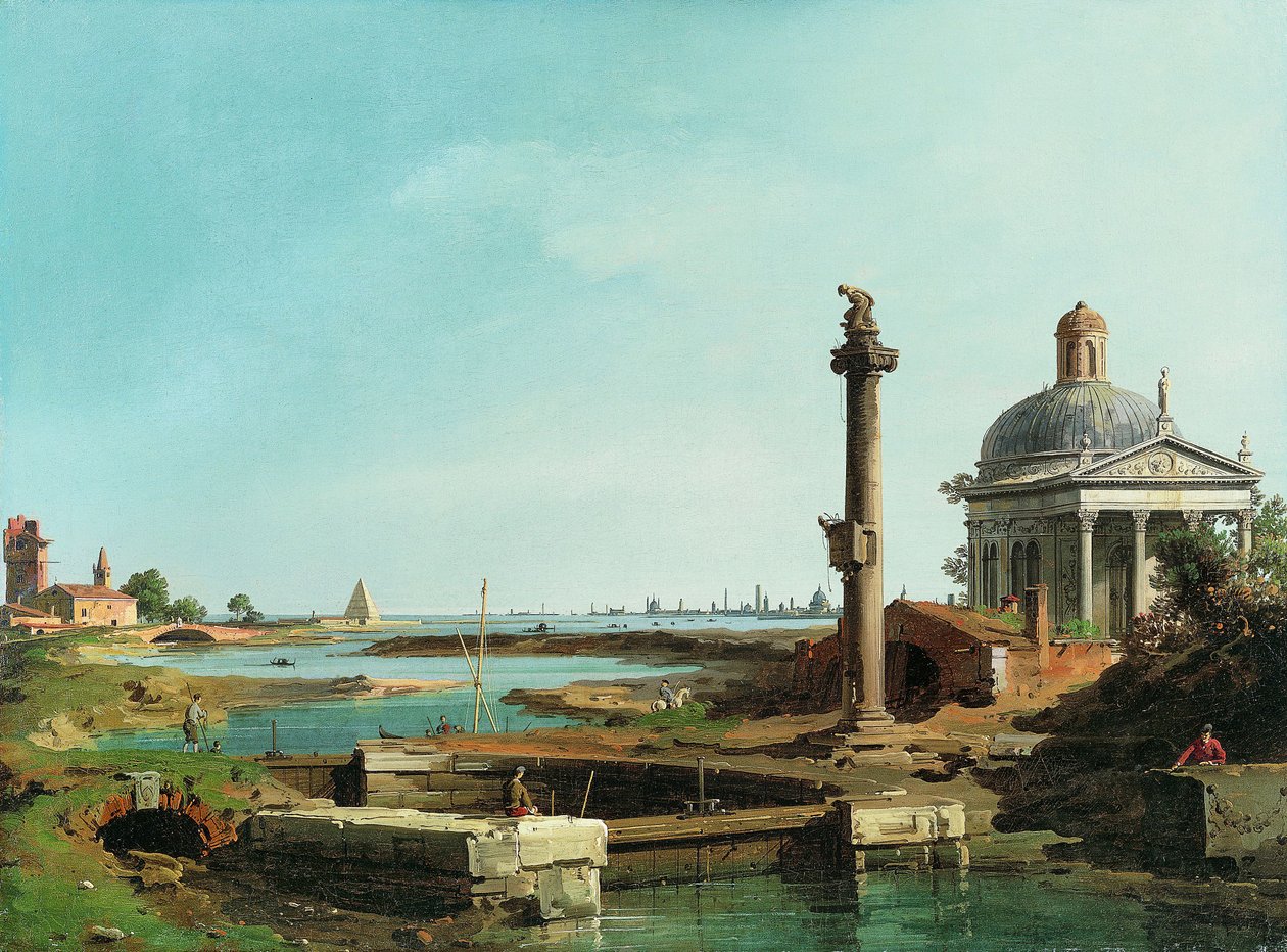 Bir Lagünün yanında bir Kilit, bir Sütun ve bir Kilise. by Giovanni Antonio Canal
