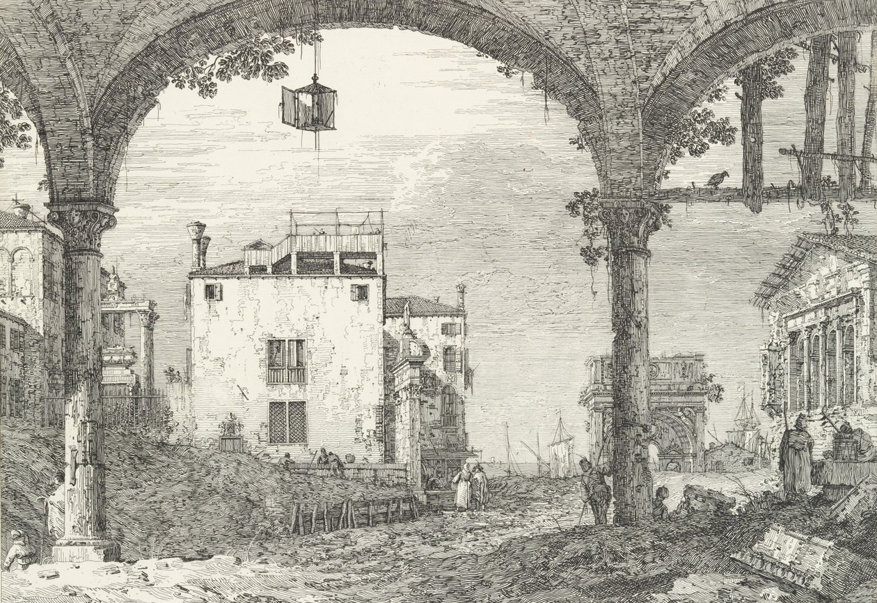 Merkezde asılı açık bir fener, bir zafer takı ve harabeye sahip üç kemerli bir revak..., 1735-46. by Canaletto
