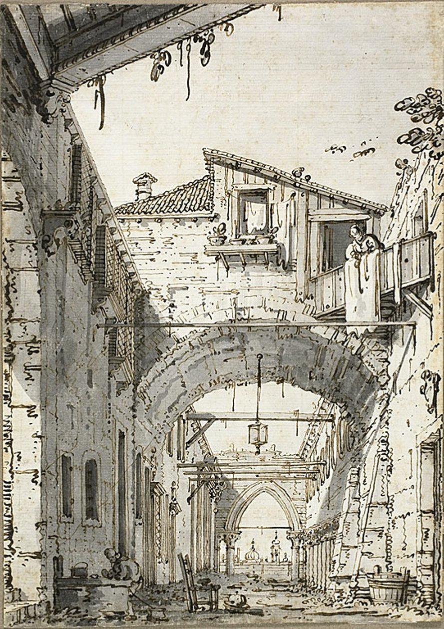 Capriccio: Kemerlerin Geçtiği Bir Sokak (recto) Kapı Girişi, Merdiven ve Binanın İkinci Kat Eskizleri(verso) by Canaletto