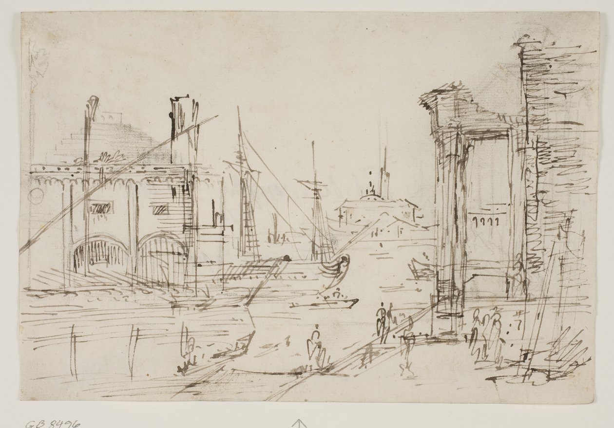 Bir rıhtımda klasik kalıntılar, bir kayıkhane, iki kadırga, arkalarında iki yelkenli gemi direği, arka planda kubbeli bir kilise ile Capriccio by Canaletto