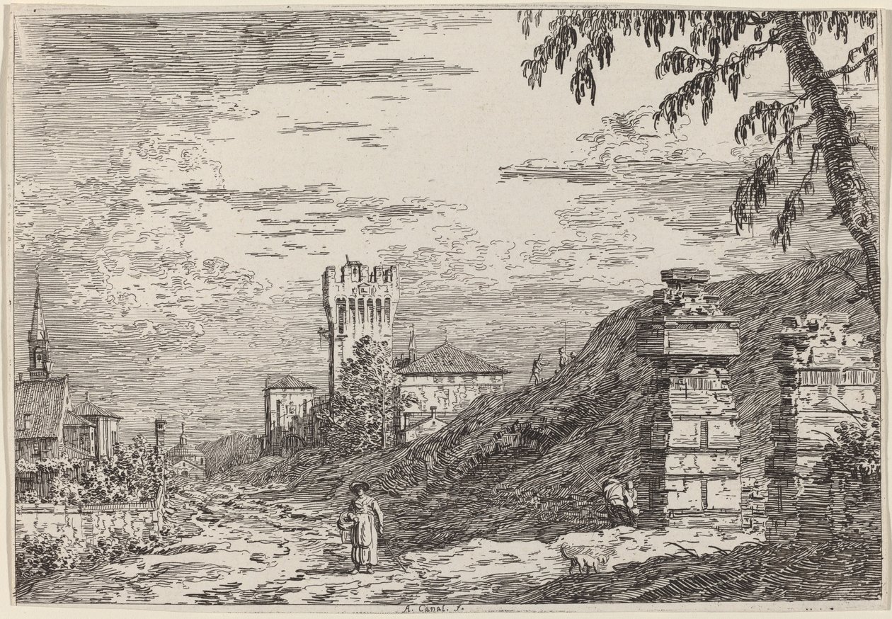Kule ve İki Yıkılmış Sütunlu Manzara by Canaletto