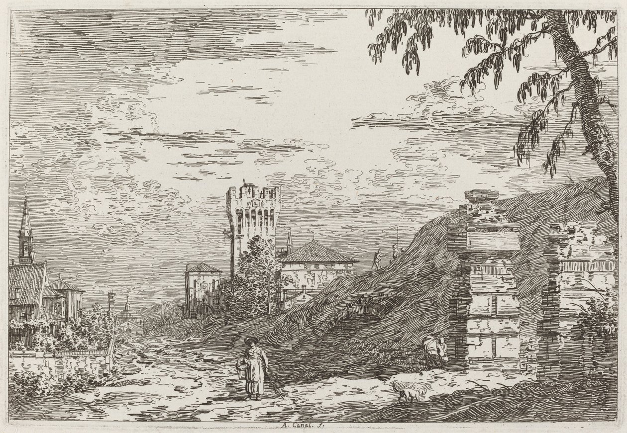 Kule ve İki Harap Sütunlu Manzara [solda] by Canaletto