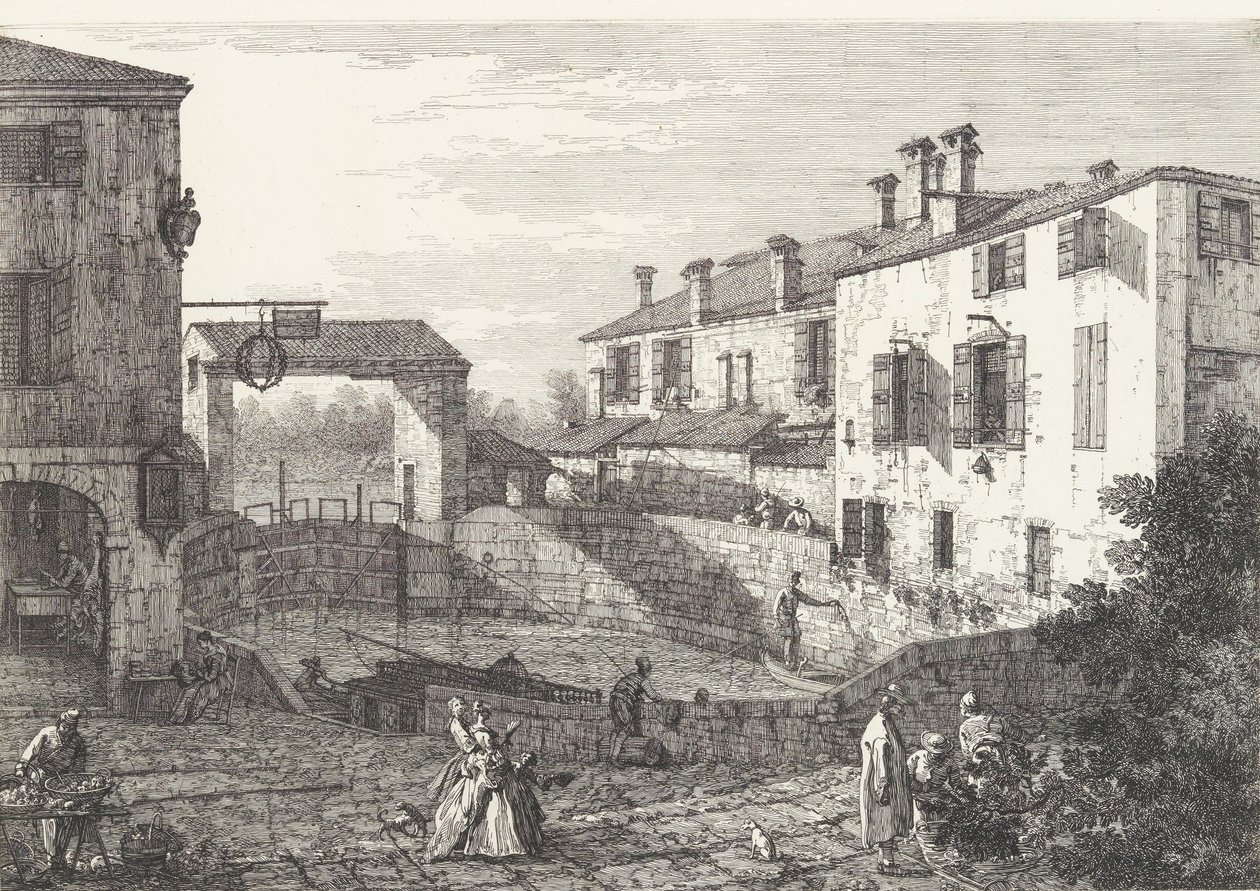 The Locks at Dolo, ortasında tekneler, iki yanında binalar bulunan oval şekilli bir havuz,..., 1735-46. by Canaletto