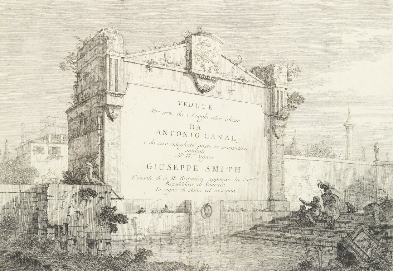 Klasik bir harabenin büyük bir duvarıyla, sağda oturan bir figürle başlık sayfası..., 1735-46. by Canaletto