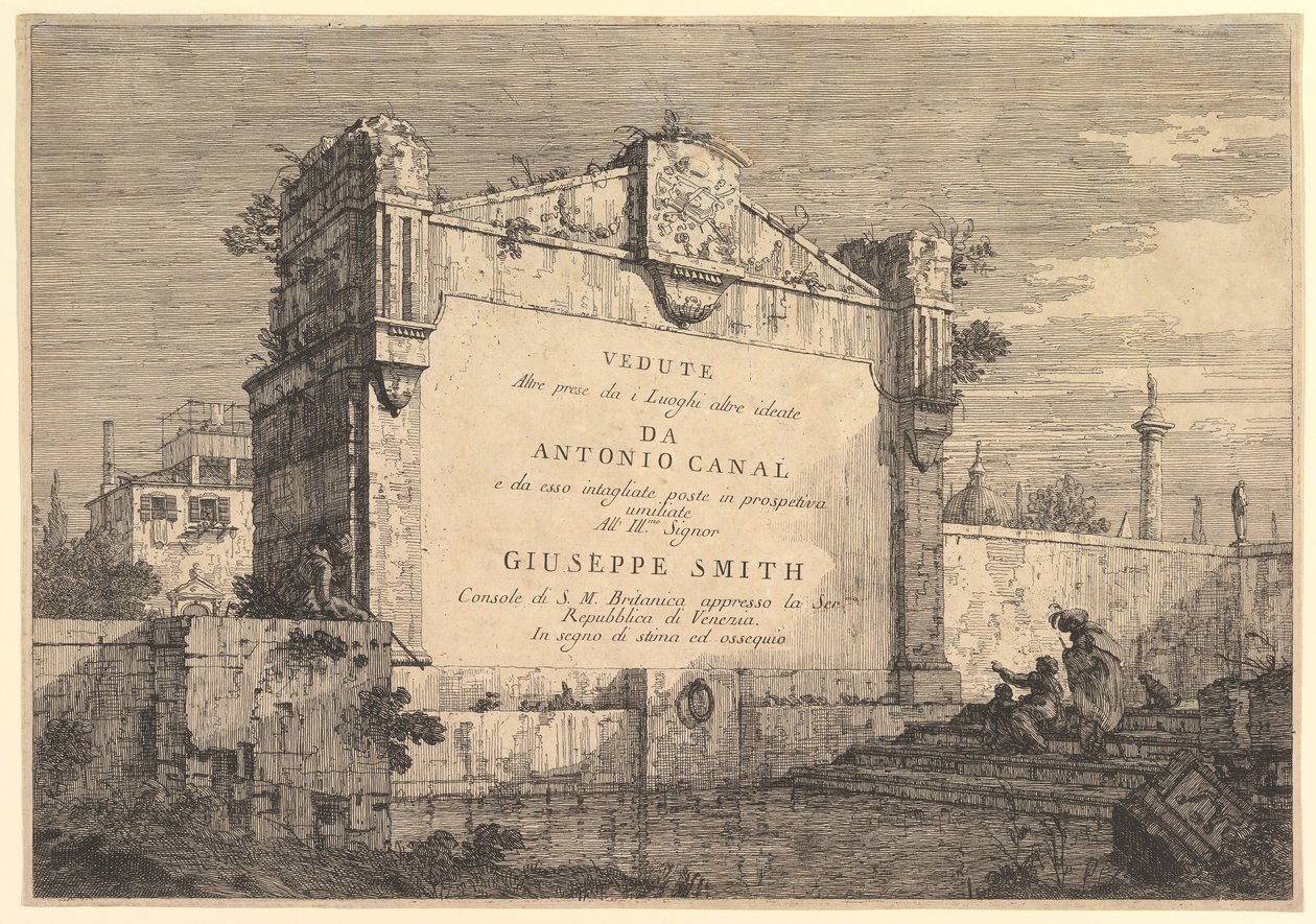 Diğer tasarlanmış yerlerden alınan Görünümlerin Başlık plakası, başlık ve yayın ile ..., 1735-46. by Giovanni Antonio Canal