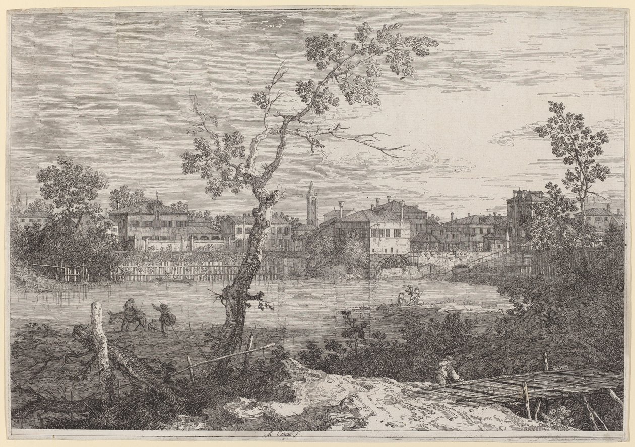 Nehir kıyısında bir kasabanın görünümü by Canaletto