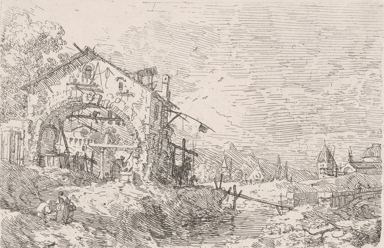 Solda pasajın altındaki kuyudan su çeken kadın, sağda manzara, 1..., 1717-68. by Canaletto