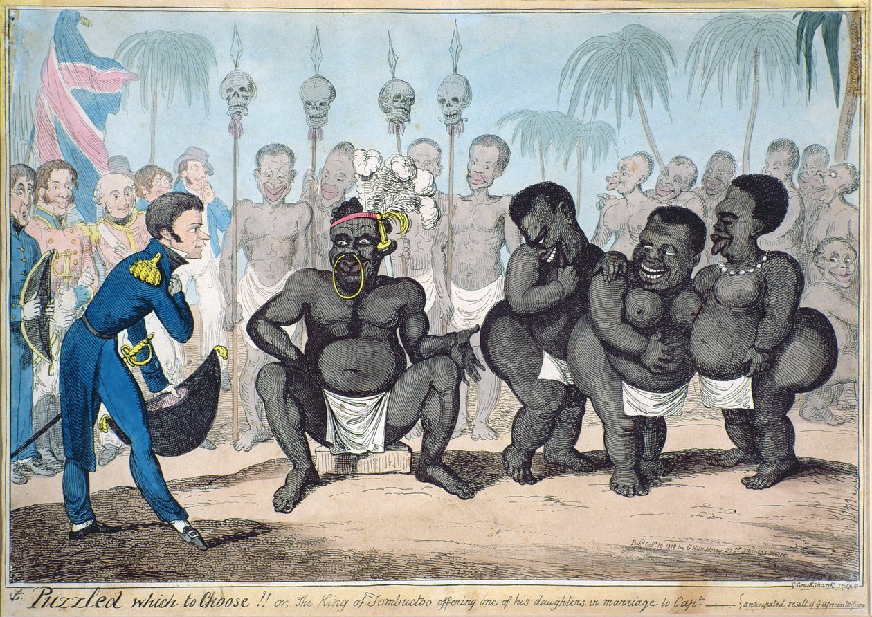 'Hangisini Seçeceğimi şaşırdım!! Ya da Tombuctoo Kralı, kızlarından birini Yüzbaşı___'ya evlilik olarak sunuyor. Bir Afrika Misyonu'nun beklenen sonucu', 1821'de G. Humphrey tarafından yayınlandı, 1818 (gravür w by Capt. E. Judel