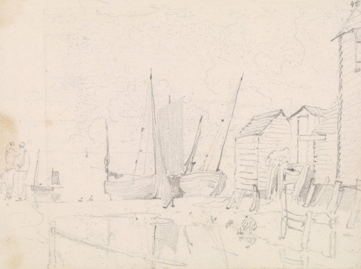 Hastings, Karaya Vurulmuş Yelkenliler ve Tepedeki Kulübelerin Taslağı by Capt. Thomas Hastings