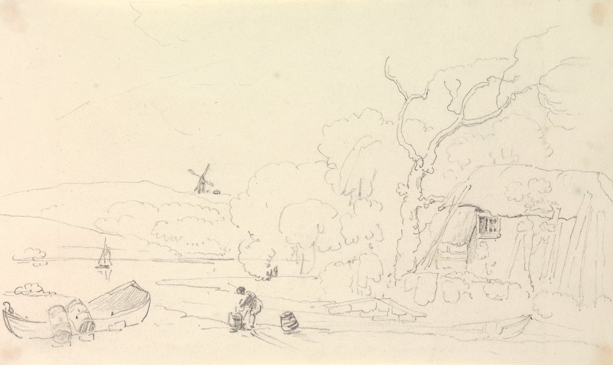 Uzakta Bir Yel Değirmeni Olan Nehir Kenarında Bir Kulübe Taslağı by Capt. Thomas Hastings