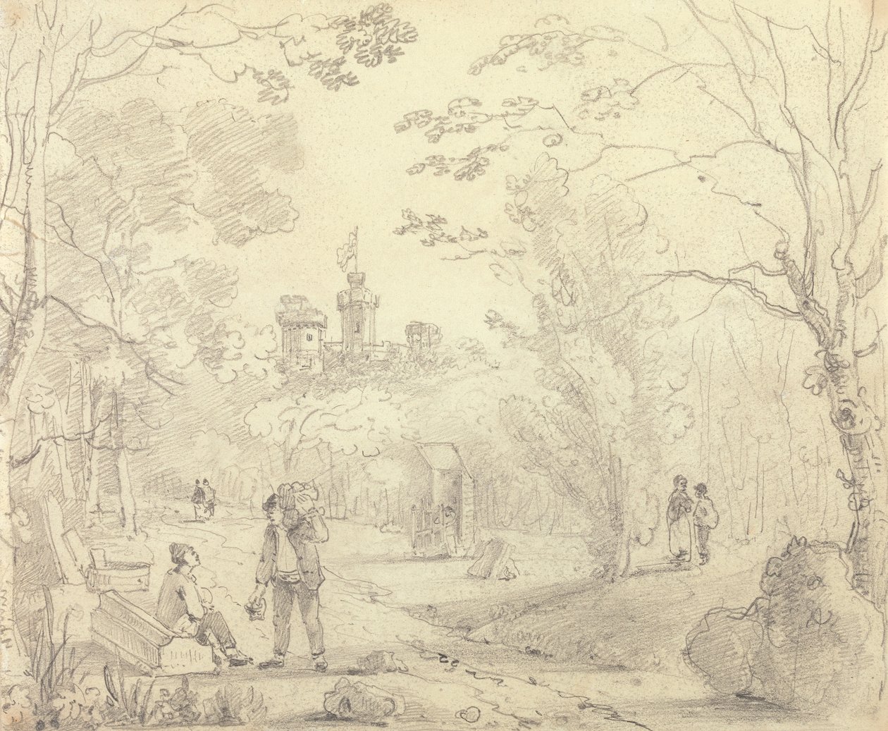 Uzaktaki East Cowes Kalesi ile Bir Park Sahnesinin Taslağı, Wight Adası by Capt. Thomas Hastings