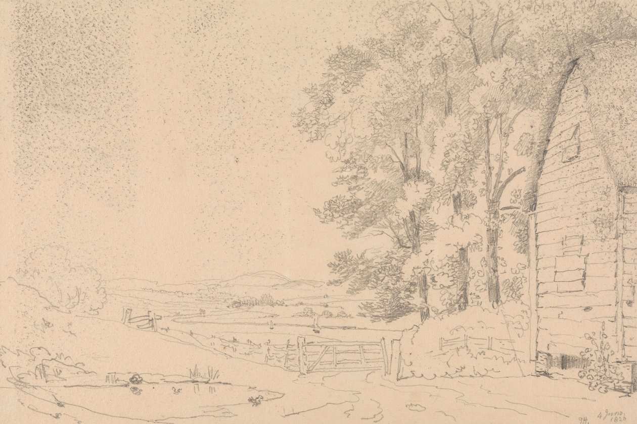 Sazdan Çatılı Bir Binanın Taslağı ve Ötesinde Bir Nehir by Capt. Thomas Hastings