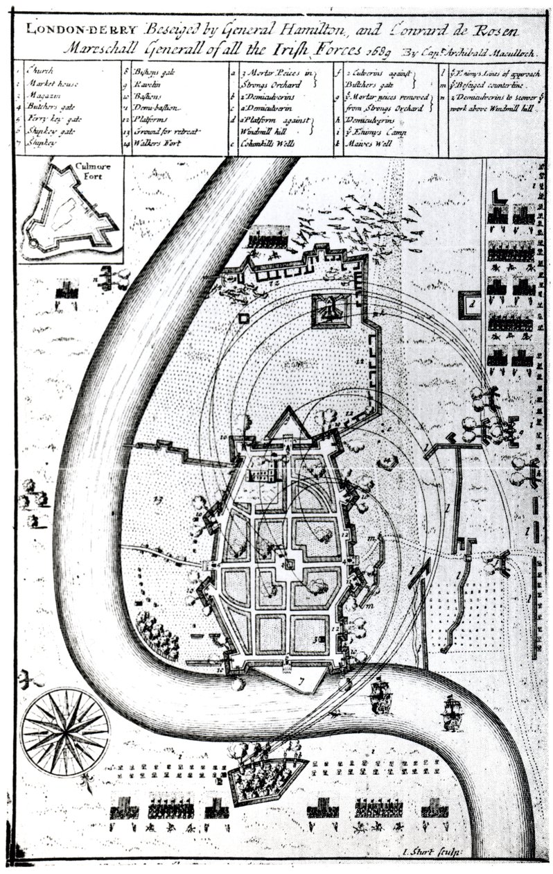 Londonderry, General Hamilton ve Conrad de Rosen tarafından kuşatıldı, J. Sturt tarafından oyulmuş, 1689 by Captain Archibald Maculloch