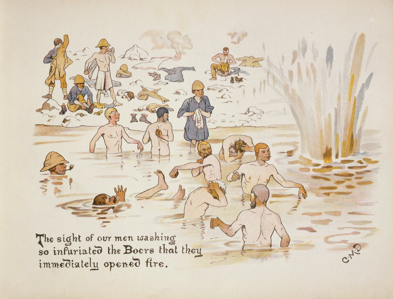 Adamlarımızın yıkandığını görmek Boerleri o kadar çileden çıkardı ki hemen ateş açtılar, The Leaguer of Ladysmith, 1900 by Captain Clive Dixon