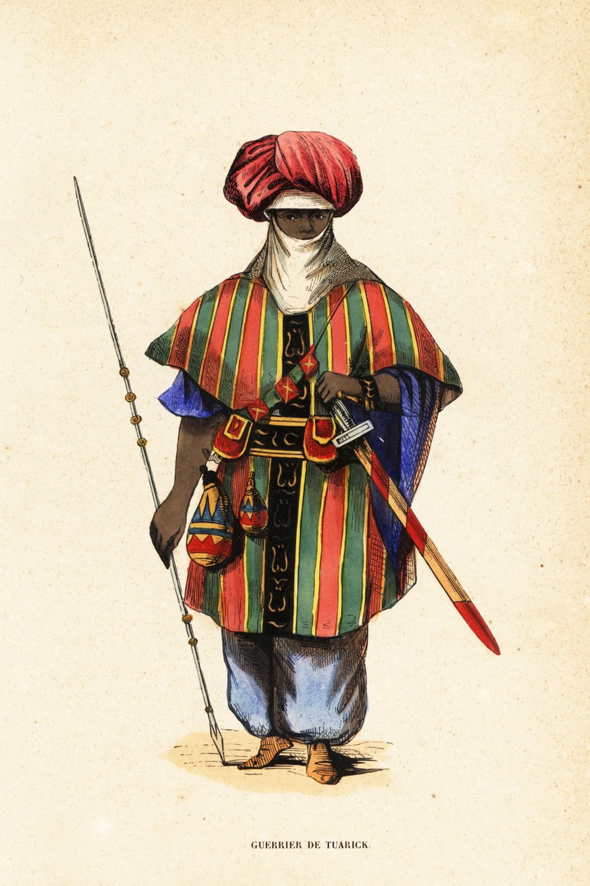 Agadez, Nijer'in asil Tuareg savaşçısı, tagelmust (türban ve peçe), taktkat (gömlek) ve akarbey (pantolon) içinde by Captain George Francis (after) Lyon