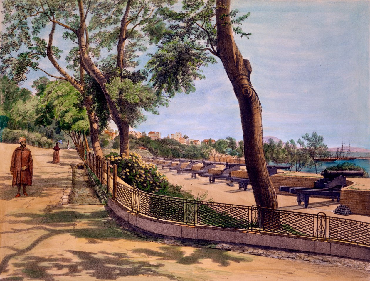 Victoria Battery, Cebelitarık, TC Dibdin tarafından yapılan, 'Cebelitarık Kaya ve Kalesi'nin Seçme Görünümleri'nden basılmış, 1846'da yayınlandı by Captain J. M. Carter