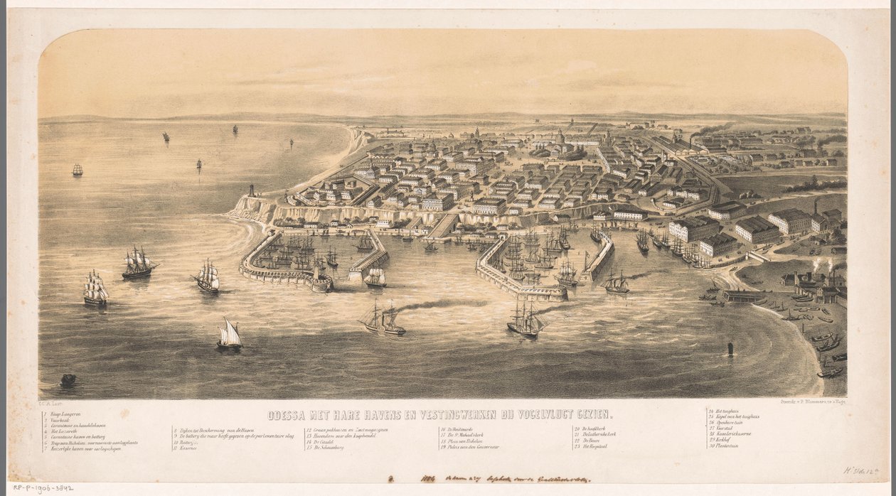Odessa Limanı Odessa, limanları ve tahkimatlarıyla kuş bakışı (nesne üzerindeki başlık) by Carel Christiaan Antony Last