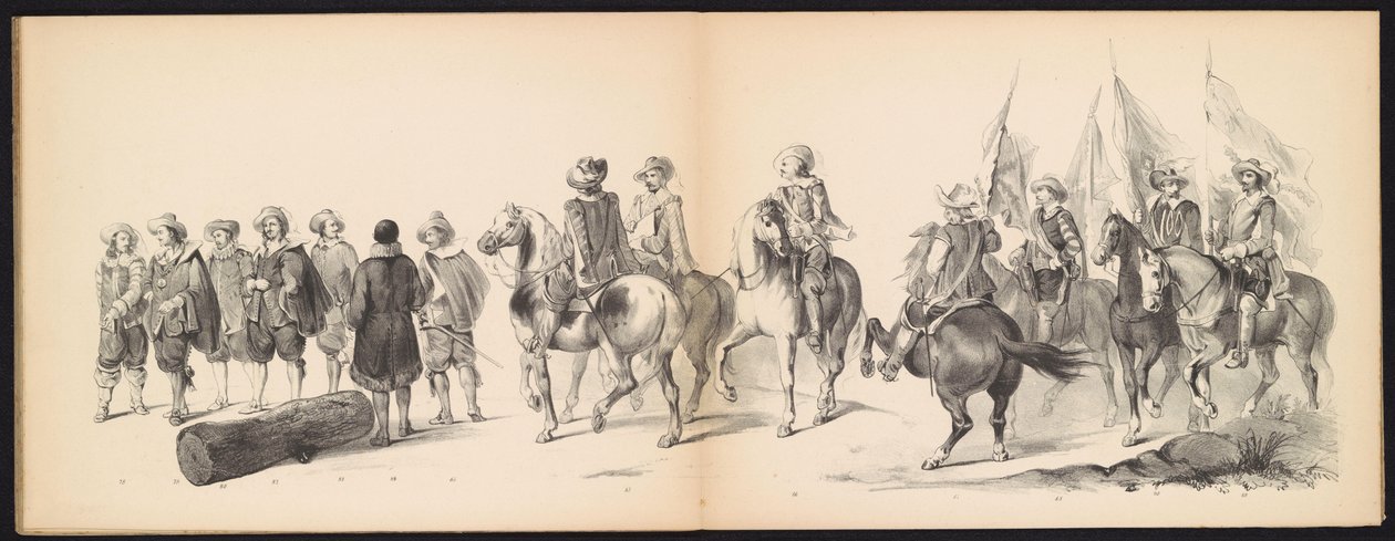 Leiden öğrencilerinin maskeli baloları, 1850 (plaka 9) Frederik Hendrik'in 1629'da Hertogenbosch'unda : 1850 yılının Leydsche Hoogeschool den XI Junij'inin HH öğrencileri tarafından kostümlü temsili (nesne üzerinde seri başlığı) by Carel Christiaan Antony Last
