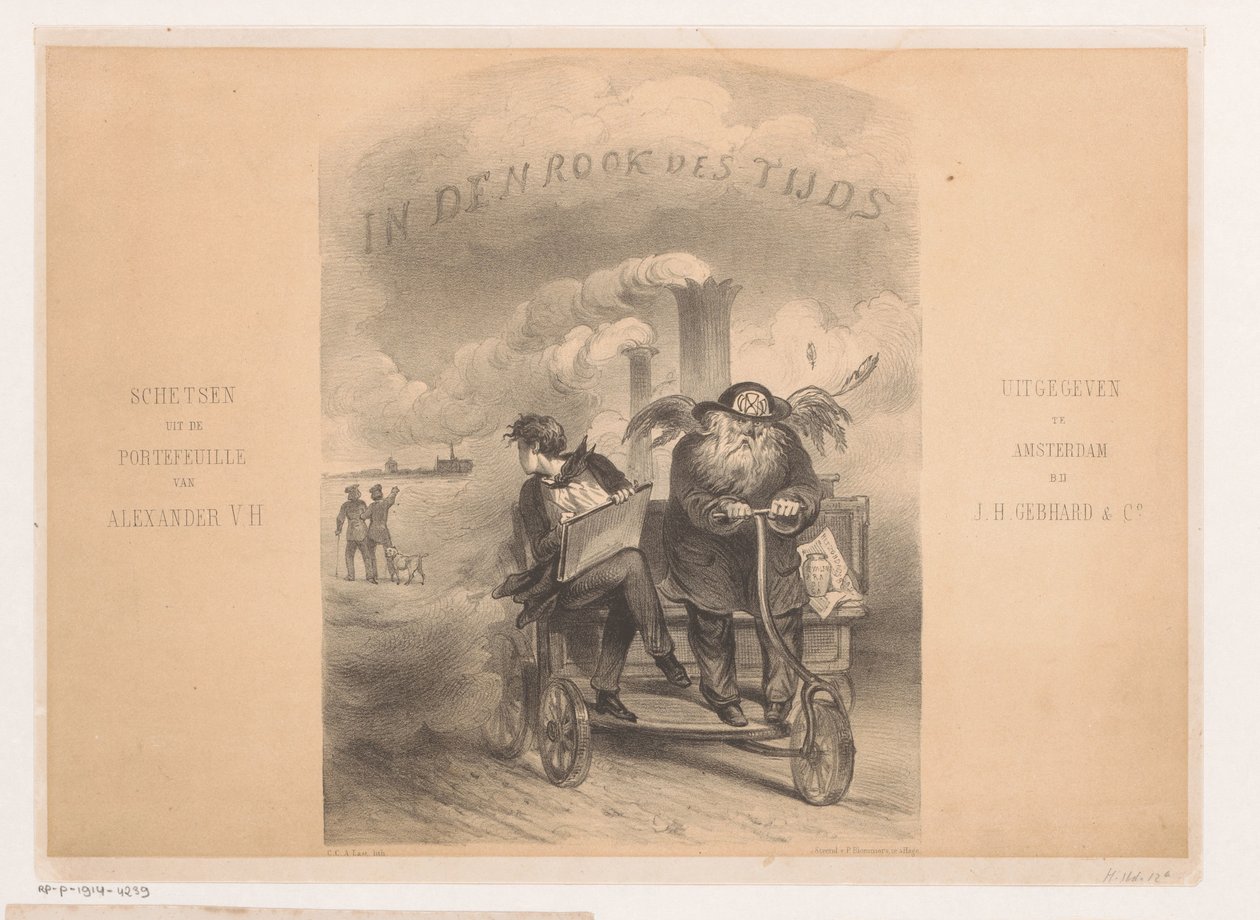 Bir buhar motorunda baba zaman ve sanatçı Başlık sayfası: Zamanın dumanında Zamanın dumanında (nesnedeki seri başlığı) by Carel Christiaan Antony Last