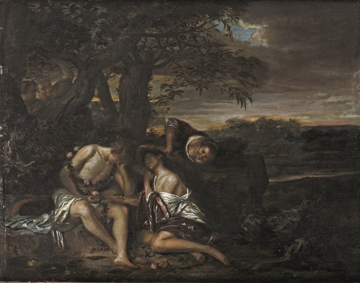 Bir Arcadian manzarasında üç kadın tarafından keşfedilen uyuyan bir çift (panel üzerine yağlıboya) by Carel De Moor II (attr. to)