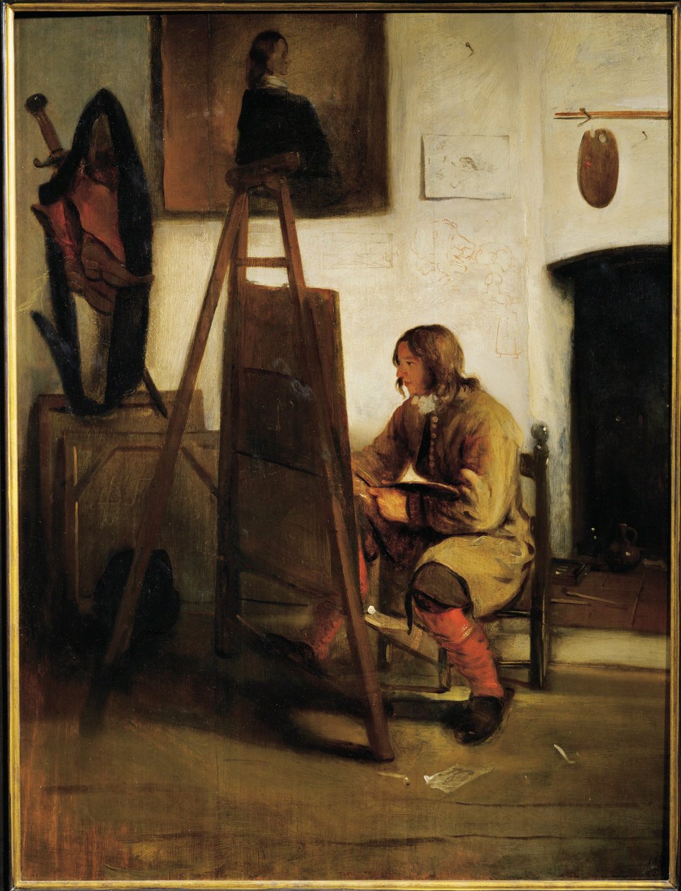 Genç ressam atölyesinde (tuval üzerine resim yaparken) by Carel Fabritius