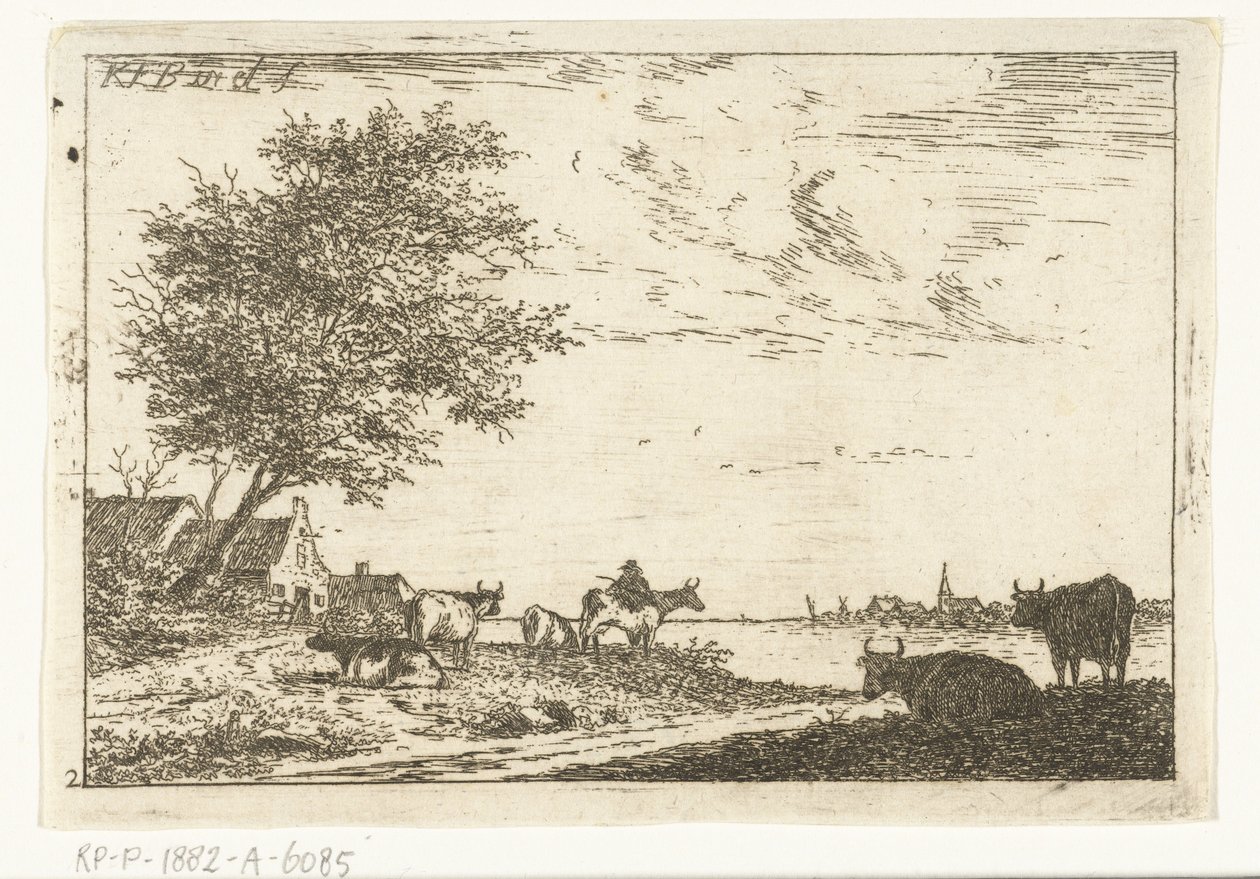 Çiftlikte çiftçi ve inekler ile nehir manzarası Manzaralar (dizi başlığı) by Carel Frederik Bendorp (I)