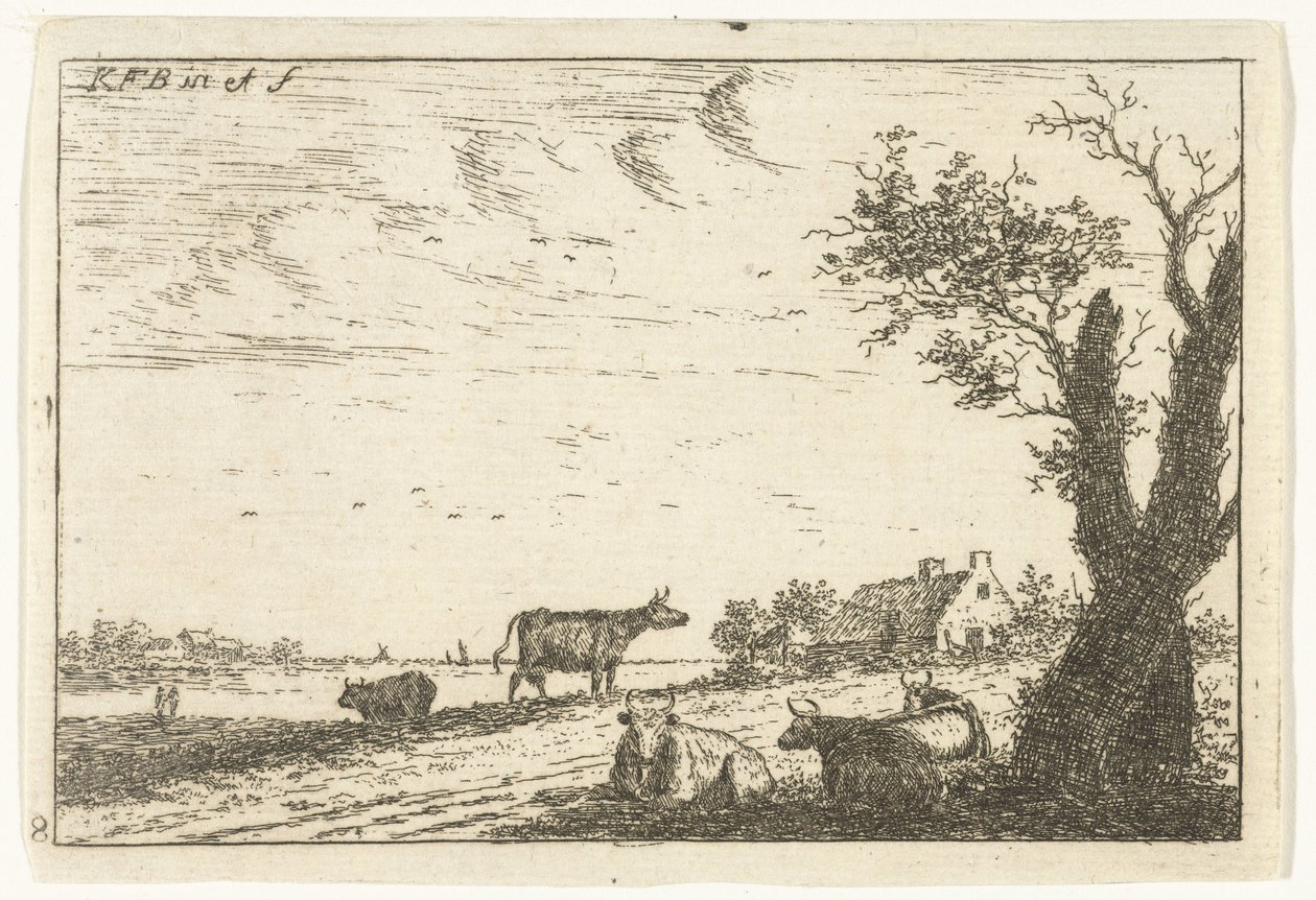 İnekler ile nehir manzarası Manzaralar (dizi başlığı) by Carel Frederik Bendorp (I)