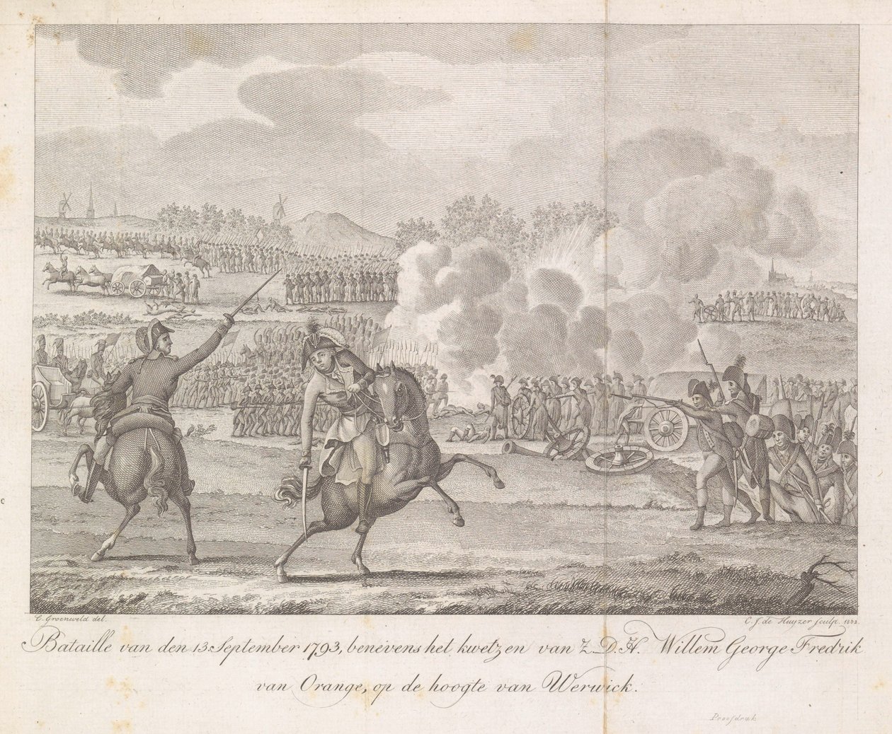 Prens Frederik, Wervik yakınlarında yaralandı, 1793 Bataille van den 13. Eylül 1793, HSH Willem George Fredrik van Orange'ı Werwick tepesinde incitmenin yanı sıra (nesnedeki başlık) by Carel Jacob de Huyser