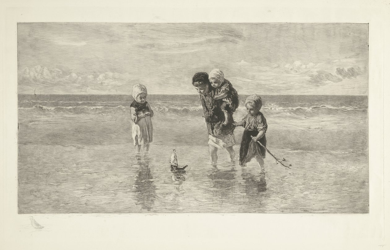 Dört çocuk sahilde sığ deniz suyunda oyuncak bir tekneyle oynuyor. deniz çocukları by Carel Lodewijk Dake