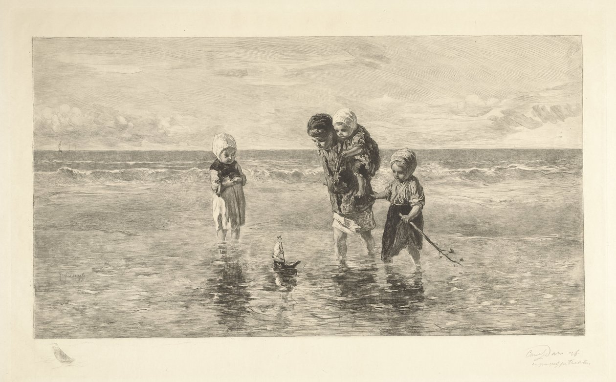 Dört çocuk sahilde sığ deniz suyunda oyuncak bir tekneyle oynuyor. deniz çocukları by Carel Lodewijk Dake