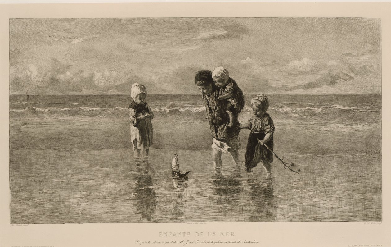 Dört çocuk sahilde sığ deniz suyunda oyuncak bir tekneyle oynuyor. deniz çocukları Enfants de la mer (nesnedeki başlık) by Carel Lodewijk Dake