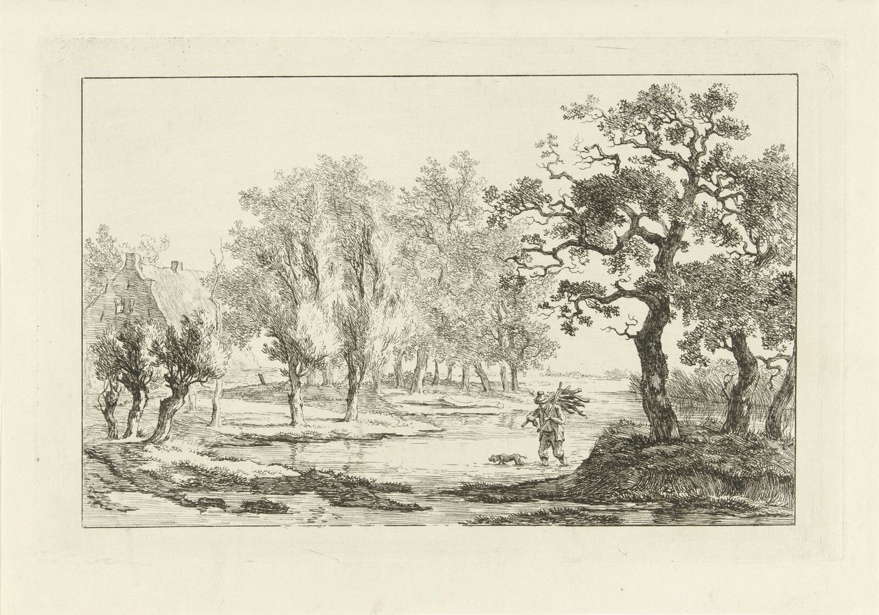 Bir odun toplayıcı ile nehir manzarası by Carel Lodewijk Hansen