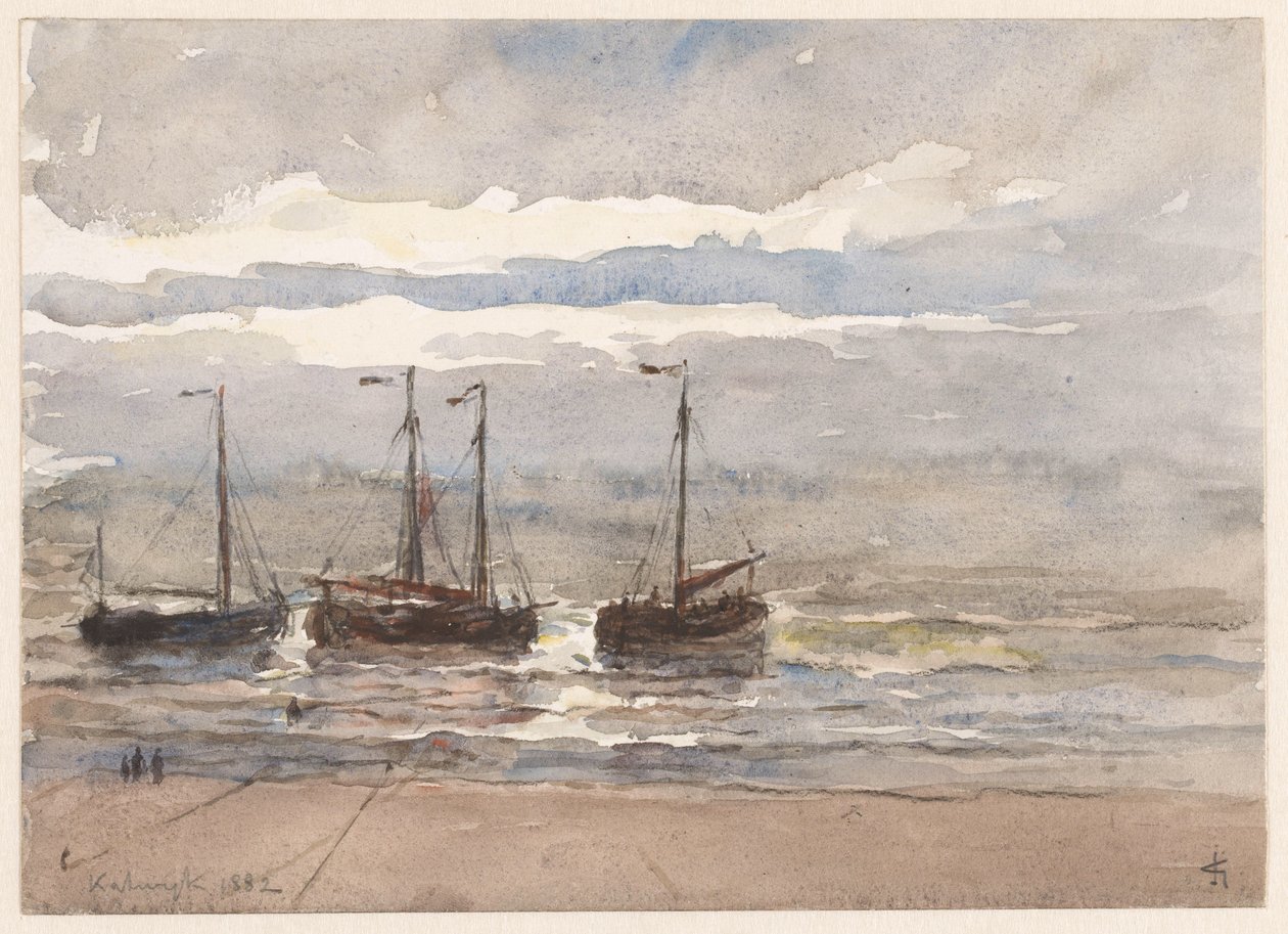 Yükselen gelgitte Katwijk sahilinde balıkçı gemileri by Carel Nicolaas Storm van 