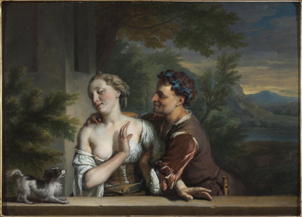 Bir Kadını Kucaklamaya Çalışan Bir Adam, Carel (Charles) de Moor (1656-1738). Tuval üzerine yağlıboya. Boyut: 33.5x47cm. Ulusal Müze Stockholm by Carel De Moor