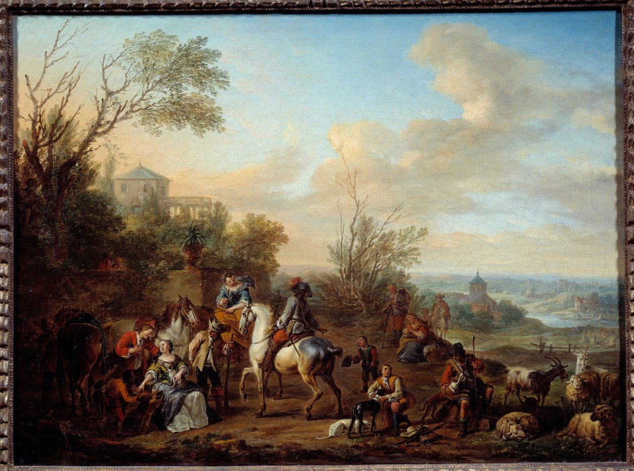 Avcıların Durdurulması Tablosu Carel Van Falens (1683-1733) 18. yüzyıl Güneşi. 0,45x0,6 m by Carel van Falens or Valens