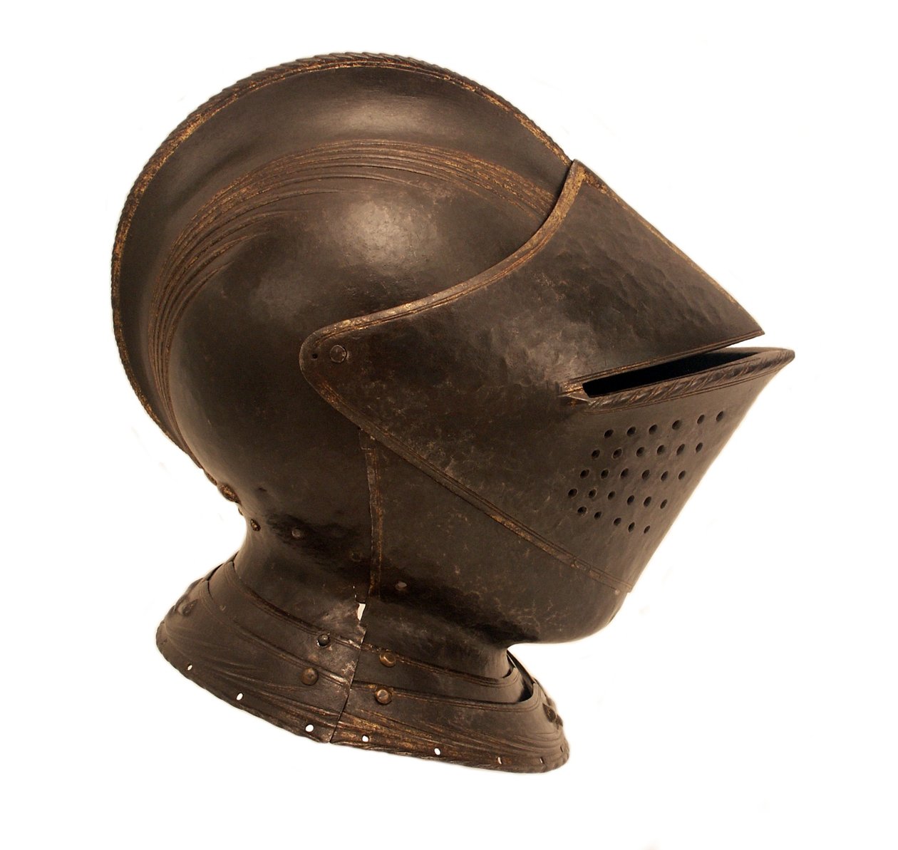 Tarla için yakın kask, c.1535-40 (yaldızlı, kabartmalı ve kazıma süslemeli ateş mavisi çelik) by Caremolo (attr.to) Modrone