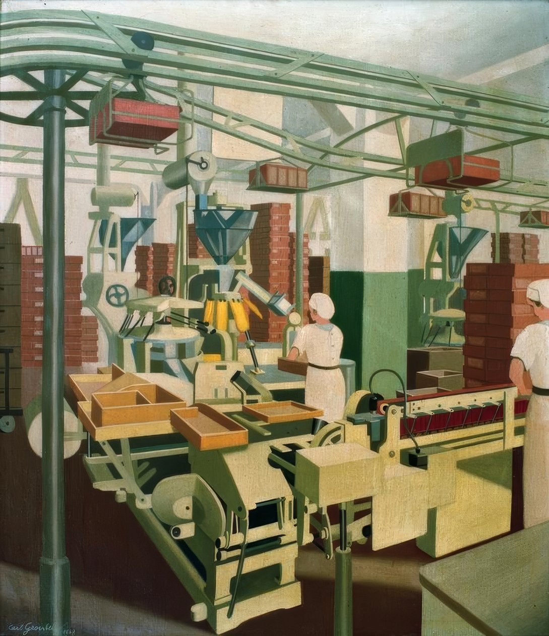 İş yerinde iki kız ile makine odası by Carl Grossberg