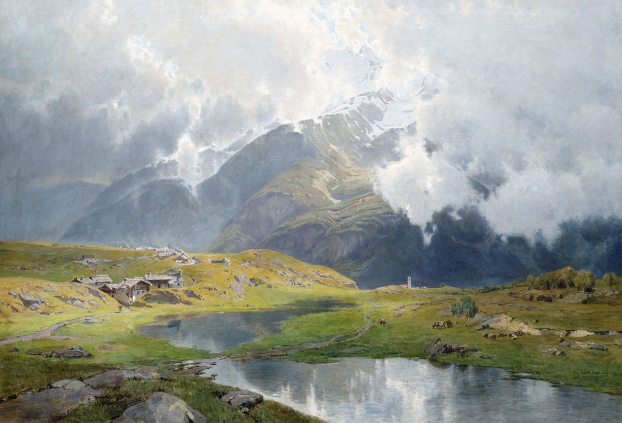 Bulutlu yüksek dağ manzarası by Carl Julius E. Ludwig
