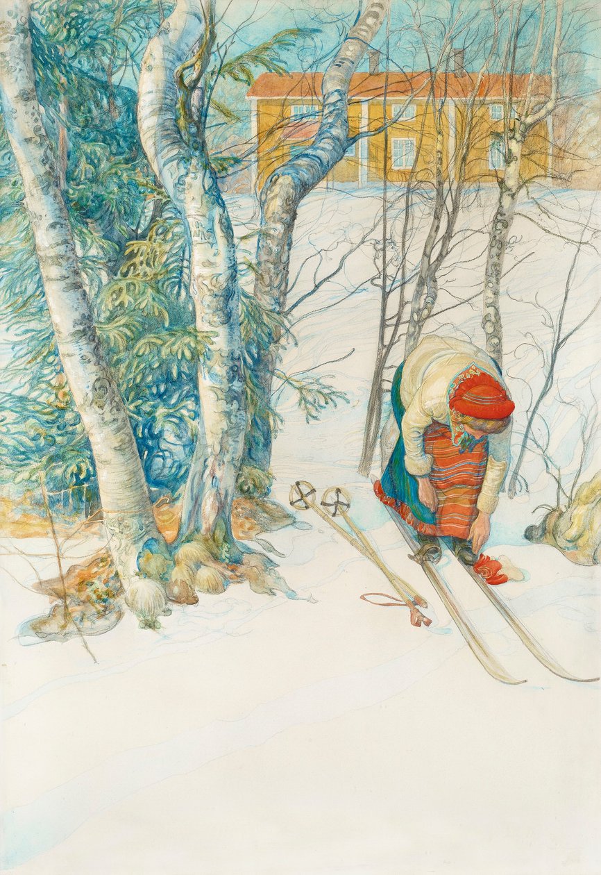 Kız kayakları üzerinde kayışlar by Carl Larsson