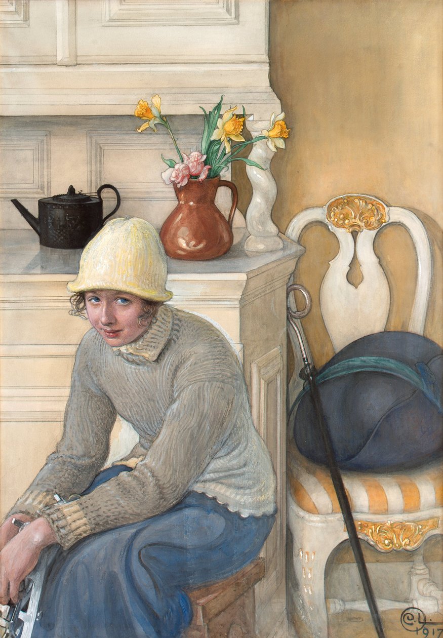 Buz patenli kız, okul evinden iç mekan, Falun 1917 by Carl Larsson