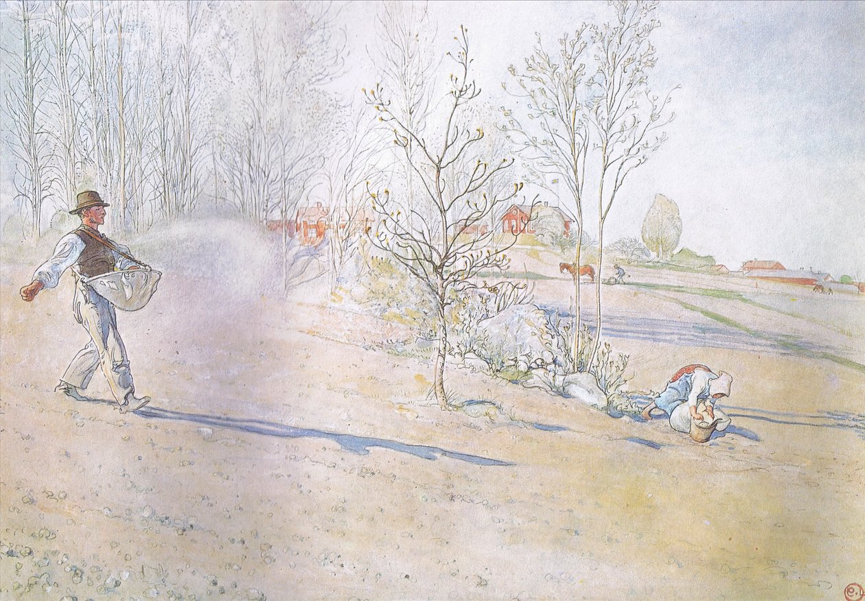Johan, yulafları kayışlarla bağlanmış büyük bir açık çantada taşıdı. by Carl Larsson