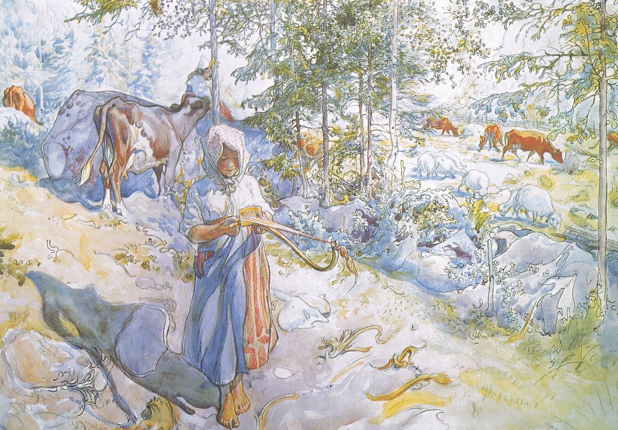Sonunda inekleri sürmek için elinde söğüt dalı olan küçük Kertsi geldi. by Carl Larsson