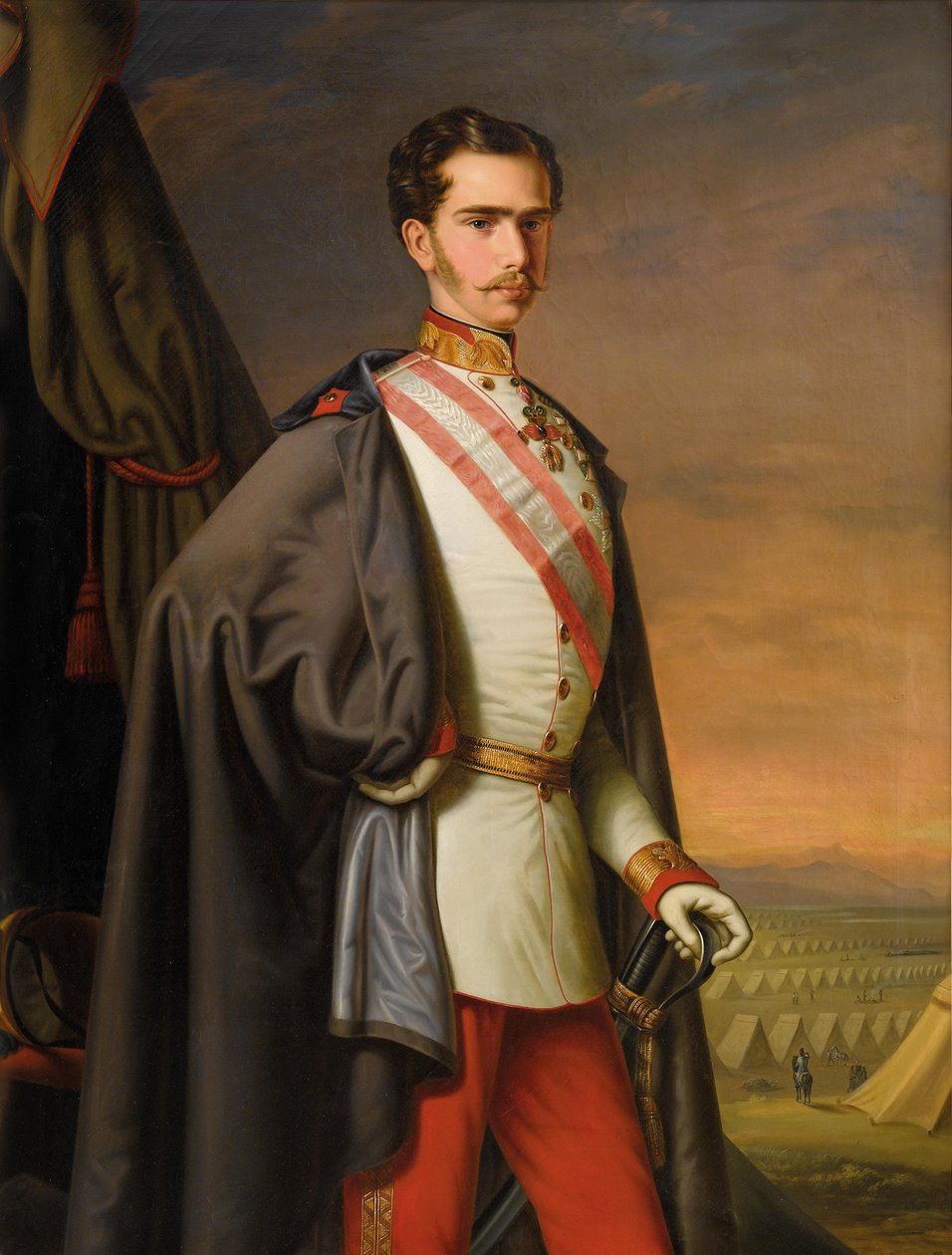 Avusturya İmparatoru Franz Joseph mareşal olarak üniformalı, arka planda bir saha kampı by Carl Lemmermayer