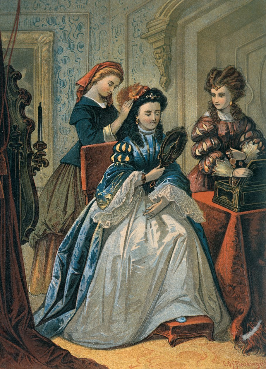 Külkedisi balo için kız kardeşlerinin saçını yapıyor, Charles Perrault (1628-1703) tarafından 